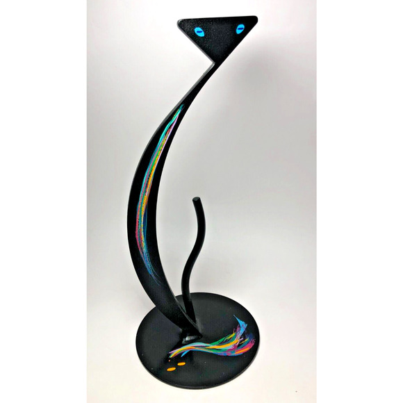 Signed J Hunter 14" Metal Black Cat Art Sculpture Standing Figurine Handmade MCM - Picture 2 of 6